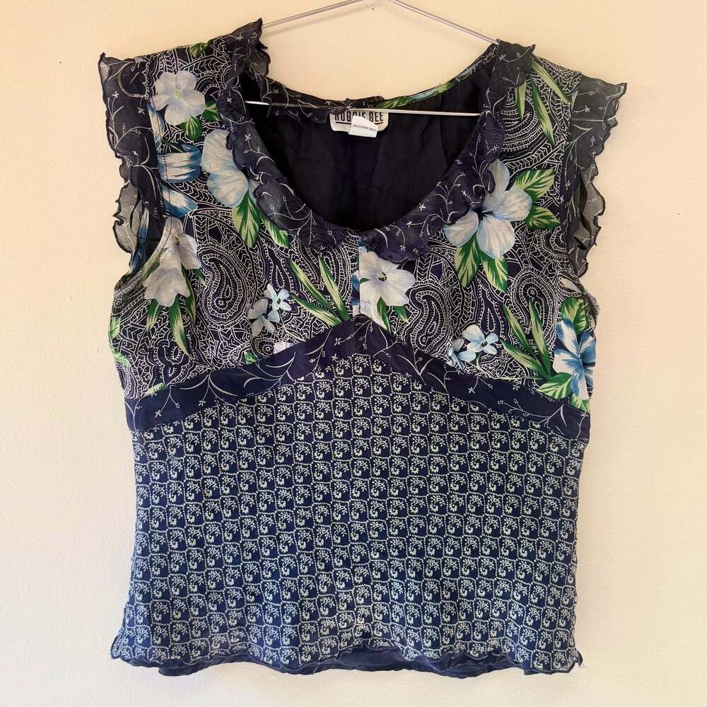 Vintage Y2K 100% Silk Ruffle Floral and Paisley Mixed Print Blouse